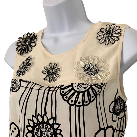 Raoul Womens 3D Floral Embellished Sleeveless 100% Silk Top Size 2 Ivory & Black - Picture 2 of 10